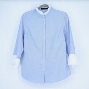 PEARLY VINE Ellie Ruffled Oxford Blouse Blue and White 3/4 Sleeve Women's M